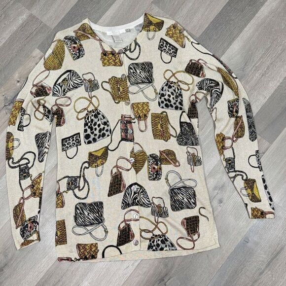 XXist Shimmer Purses Print Button Up Cardigan Sweater Gold Tan Multi Large - Picture 9 of 13